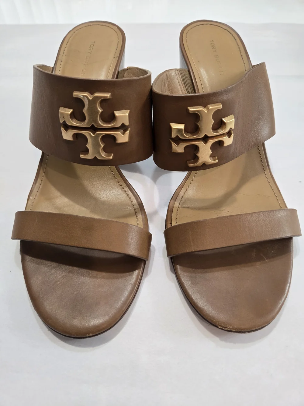 Tory Burch Everly Wedge Leather High Heel Brown Slide Sandals Sz 9 M Brown Gold